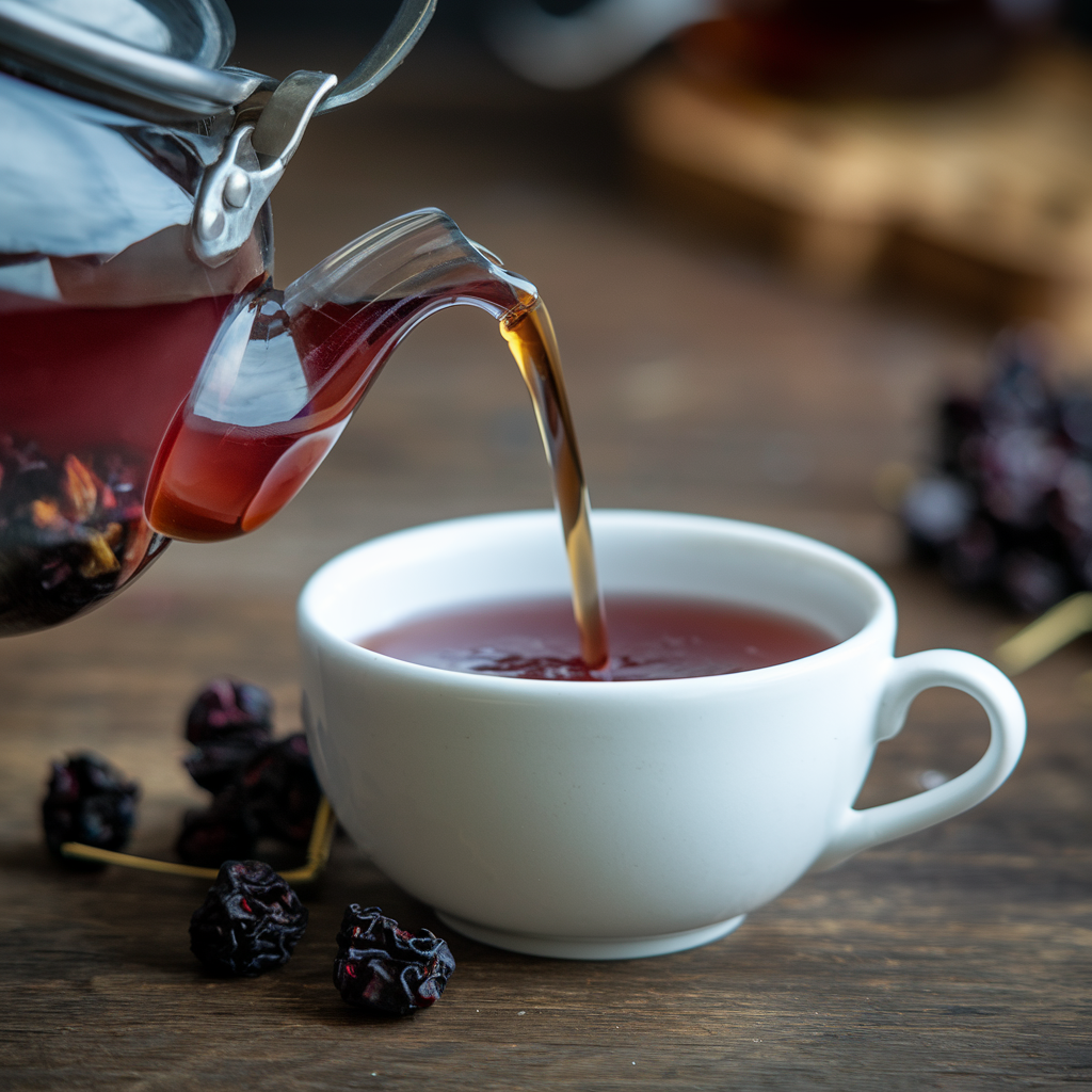 Pouring elderberry tea into a cup